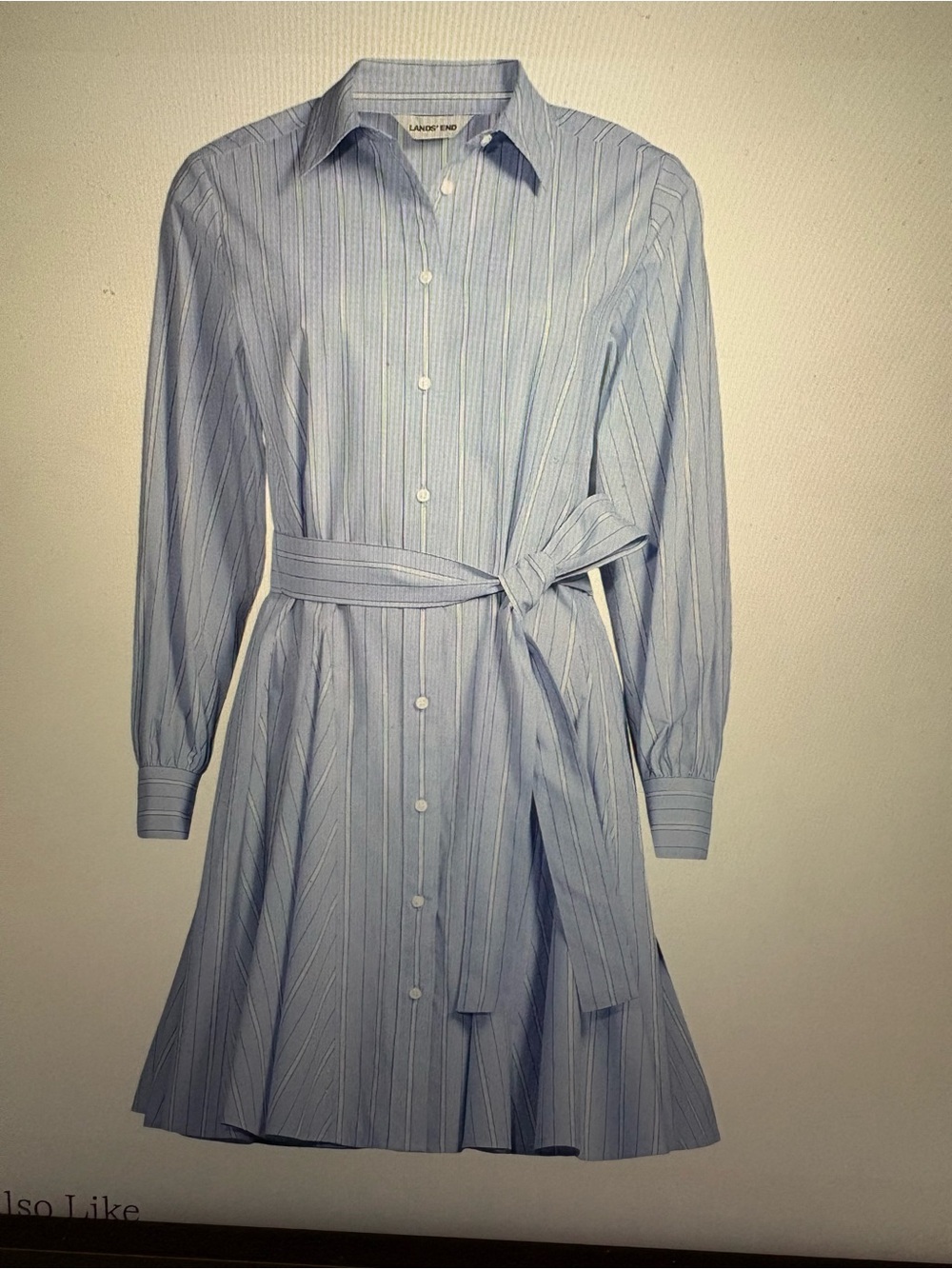 Lands' End Light Blue Pinstripe Shirt Dress with Tie Belt